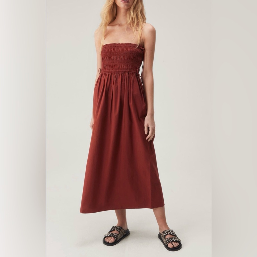 Nasty Gal Smocked Strapless Cotton Midi Dress - Rust Red - size 4